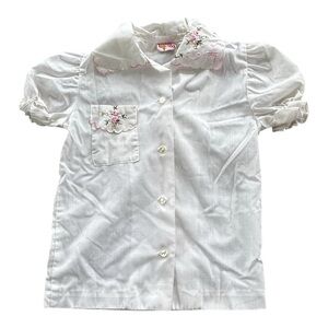 VTG Vanilla Girls Embroidered Blouse Sz? White Floral Puffy Shoulders 80s 90s